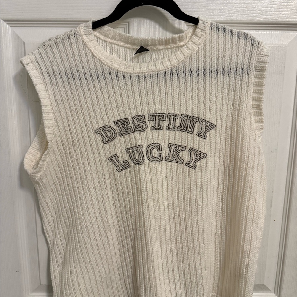 White Sleeveless Ribbed Top with 'Destiny Lucky' Print